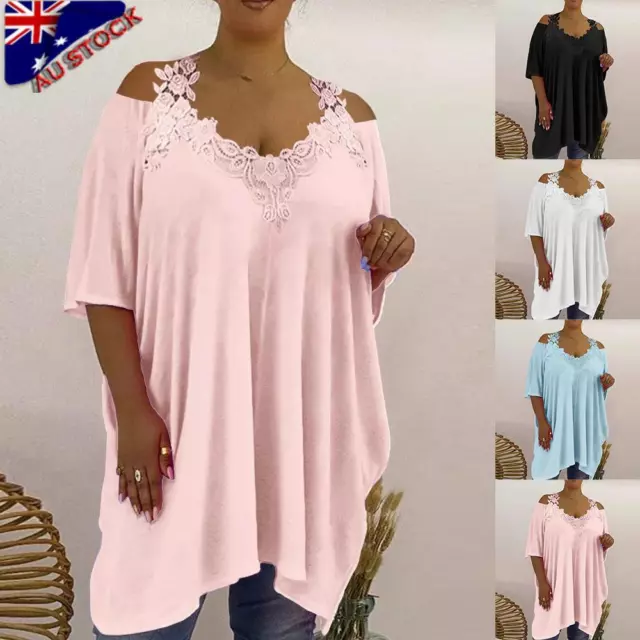 Plus Size 20-30 Womens V-Neck Tunic Tops Ladies Cold Shoulder Casual Loose Shirt