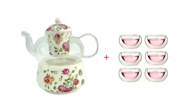 8 Piece Tea Set Glass Teapot 600ml + Porcelain Warmer + 6 Small Double Wall Cups