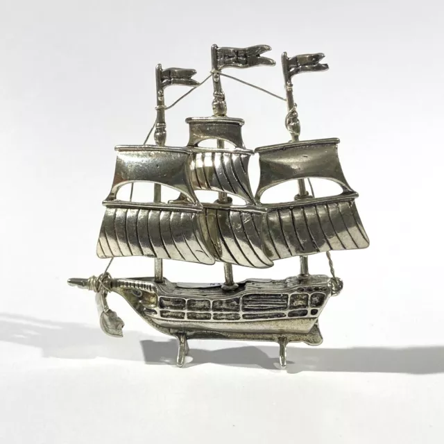 vintage large solid silver  sailing ship miniature ,  hallmarked figurine