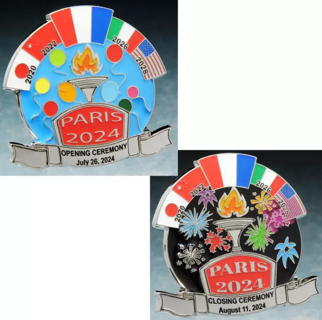 OLYMPIC PINS BADGE 2024 Paris France 2 Pin Set Opening & Closing
