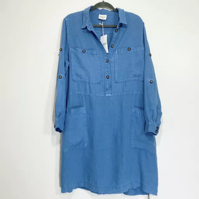 Wrap London Shirt Dress Womens Size 14 Blue 100% Linen Button Pocket Lagenlook