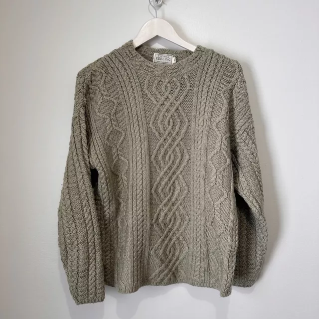 Thomas Keeling Pure New Wool Cable Knit Sweater Size Large Tan VTG