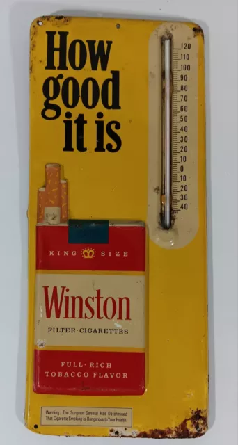 Vintage WINSTON CIGARETTES  THERMOMETER - embossed metal Lithowall Sign - 13.5"
