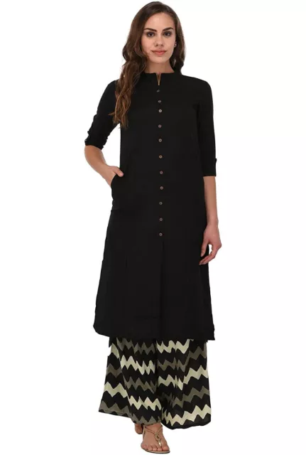 Cotton Kurta For Women 3/4 Sleeve Solid Black Straight Kurti Dress