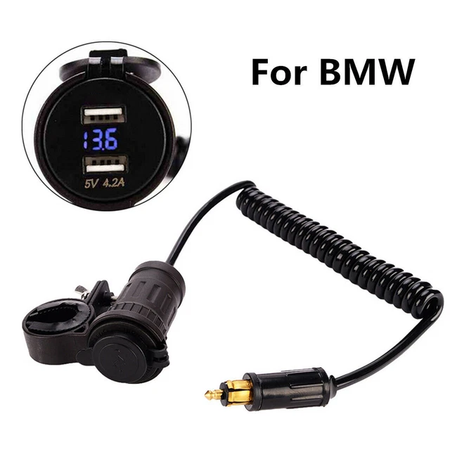 Dual USB Power Charger Blue Voltmeter With Plug Spring Coiled Cable Cord For BMW
