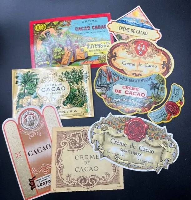 lot de  9  ETIQUETTES DIVERSES / CACAO CHOCOLAT /LIQUEUR/CREME /OLD LABELS