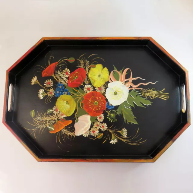 Vintage Wooden Handmade Painted Floral Art Breakfast Serving Tray With Handles