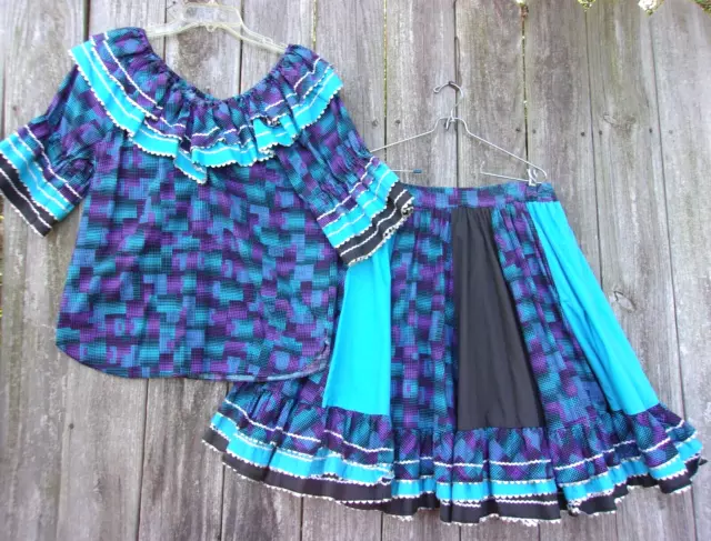 Square dance dress womens custom made 2 pc  L - XL turquoise purple & black  EUC