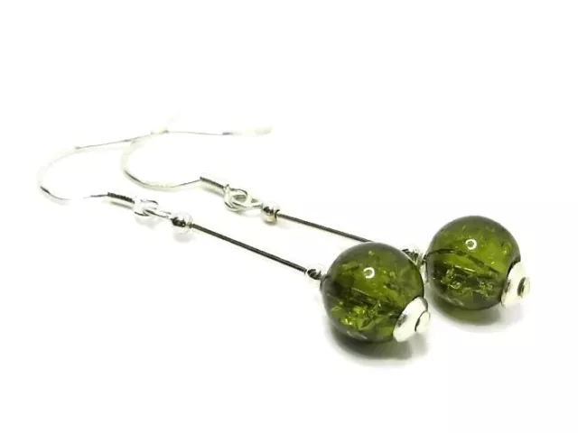 Olive Green Crackled Beads Fashion Earrings With Sterling Silver Tubes