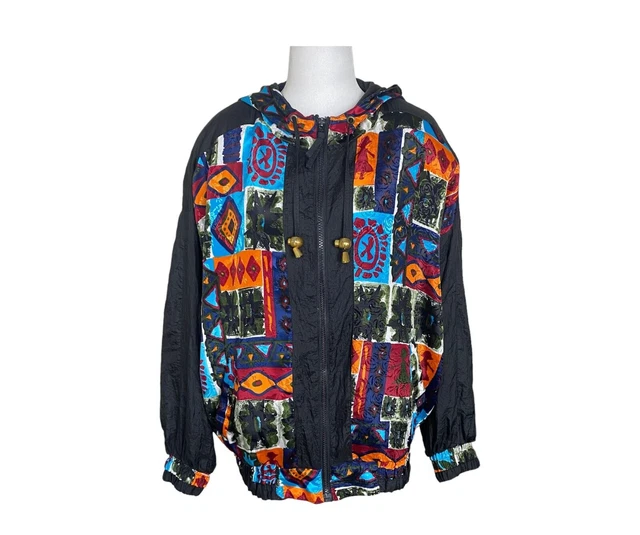VTG Re Sport River Edge Jacket Womens Large Petite Black Colorful Windbreaker
