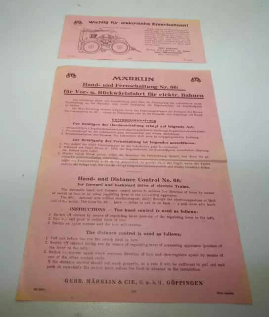 Märklin Anweisung / Anleitung Hand- und Fernschaltung 66 von 1939