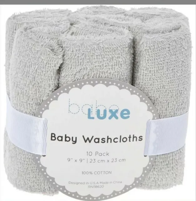 BABE LUXE Grey Baby Washcloths 10 Pack 23cm x 23cm 100% Cotton New