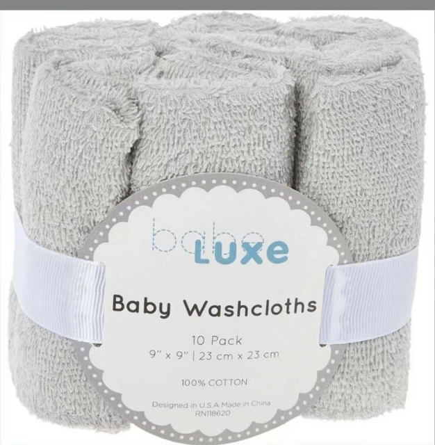 BABE LUXE Grey Baby Washcloths 10 Pack 23cm x 23cm 100% Cotton New