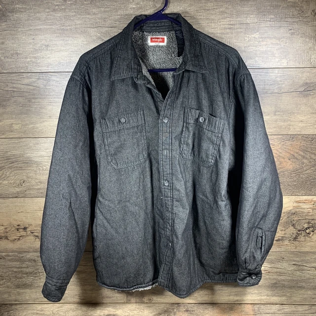 Wrangler Sherpa Fleece Lined Denim Shirt Jacket Mens L Black Gray Jean Shacket
