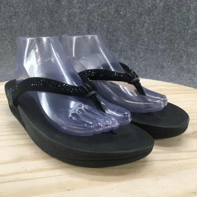 Fitflop Sandal Womens 9 Black Crystal Swirl Flip Flops Wedge Casual C30-090 3