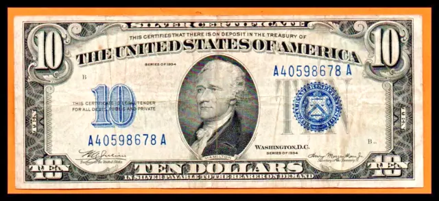 United States USA US Circulated VF Note $10 Dollars 1934 Silver Cert. Blue Seal