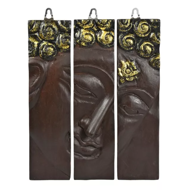 Oak Buddha Face Three-Panel Hand carved Wood Wall Art 8"x10"