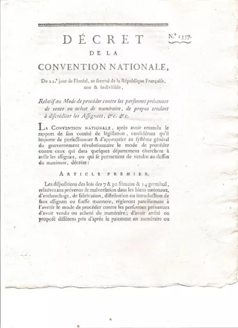 DECRET DE LA CONV.NATIONALE/an 2/..de propos tendant à discréditer les assignats