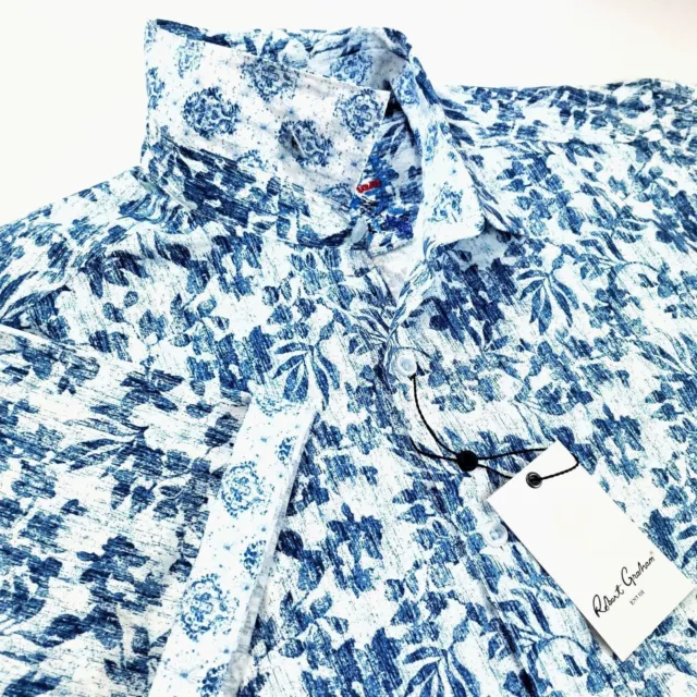 Robert Graham FLORAL Geometric Pencil Sketch Print Short Sleeve White Shirt $198