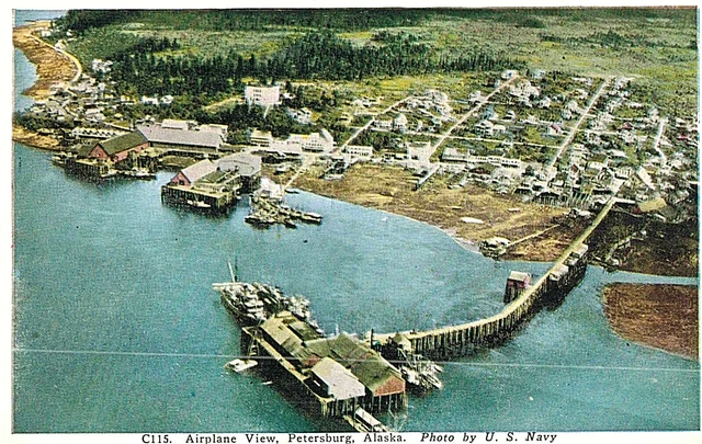 VIntage Postcard-C115, U.S. Navy Airplane View, Petersburg, AK,