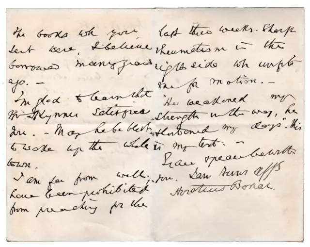 Horatius Bonar - hymn-writer etc - 1886 letter: sharp rheumatism stops preaching