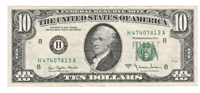 CRISP 1977 A $10 Ten Dollar Bill Federal Reserve Note St. Louis MO