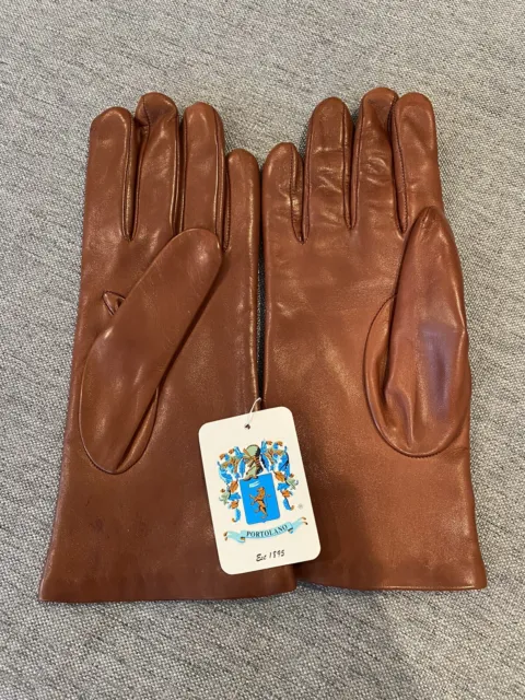 Portolano Women's Brown Leather Cashmere-Lined Driving Gloves Size 7.5 NWT