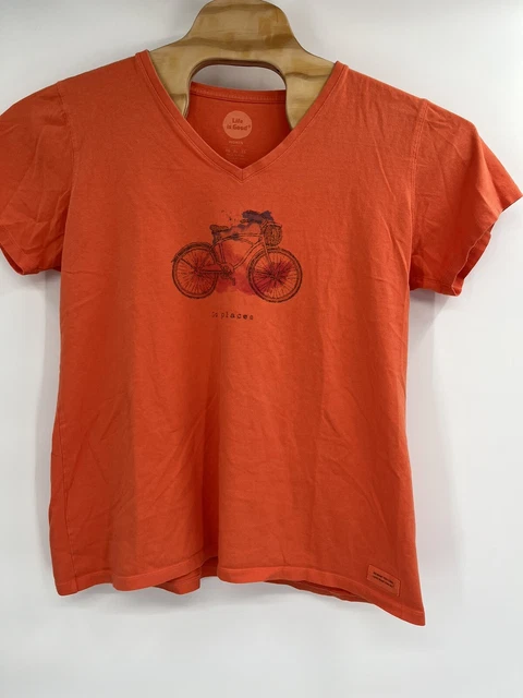 Life Is Good Women’s Short Sleeve Shirt Go Places Bike Bicycle V-Neck Orange XL