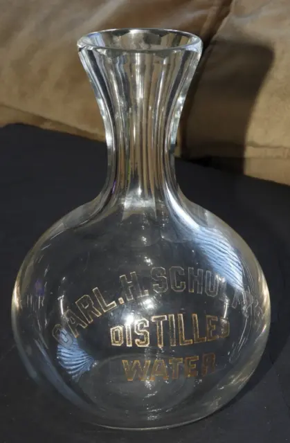 Vintage Carl H Schultz Distilled Water Bottle Fostoria Glass Worn Gold Lettering