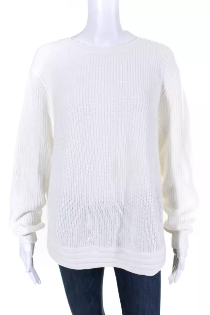 Kokun Womens White Cotton Knit Crew Neck Long Sleeve Sweater Top Size L