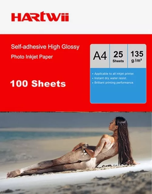 Hartwii 100 Sheet A4 135Gsm Self-adhesive Sticky High Glossy Inkjet Photo Paper