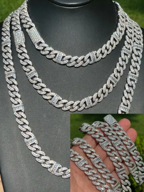 Solid 925 Silver Mens Figarucci Gucci Link Cuban Chain Iced Baguette CZ Out