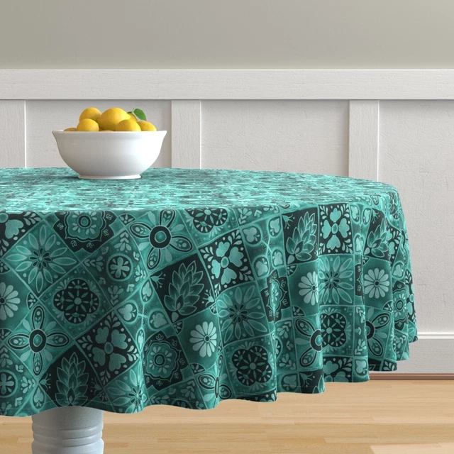 Round Tablecloth Spanish Tiles Diamond Mexican Talavera Tile Cotton Sateen