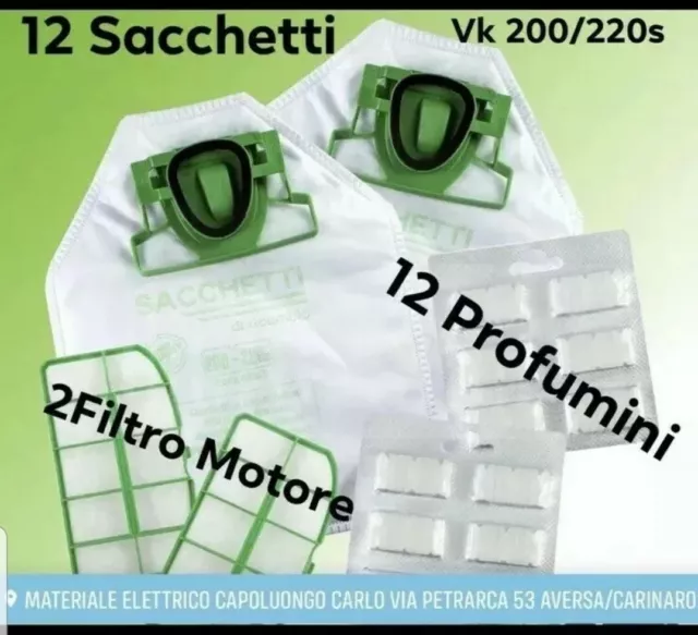 Sacchetti Folletto Vk 200 Vk 220S +12 Profumi 2 Filtro Motore 12 Sacchi Filtri
