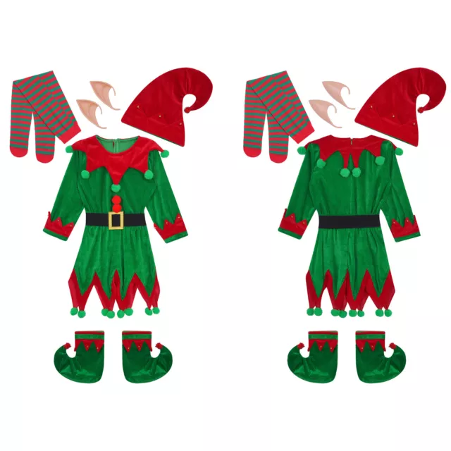 Kids Christmas Elf Costume Set With Elf Ears Hat Dress Shoes Socks Xmas Outfits