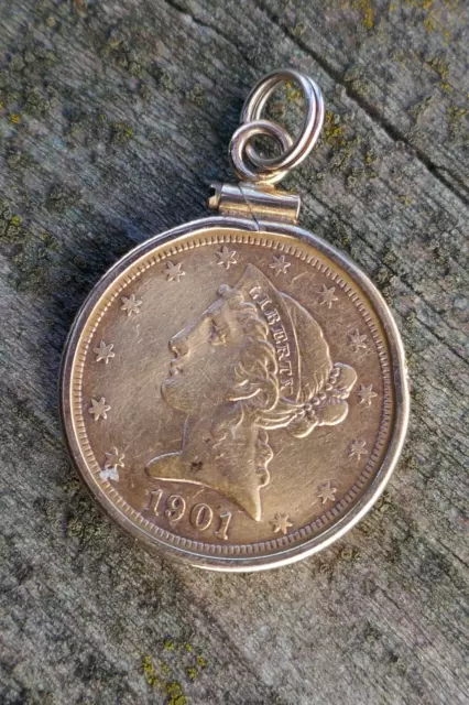 Original Genuine 1901 $5 US 22kt Gold Liberty / Cornet Head Coin Pendant / Charm