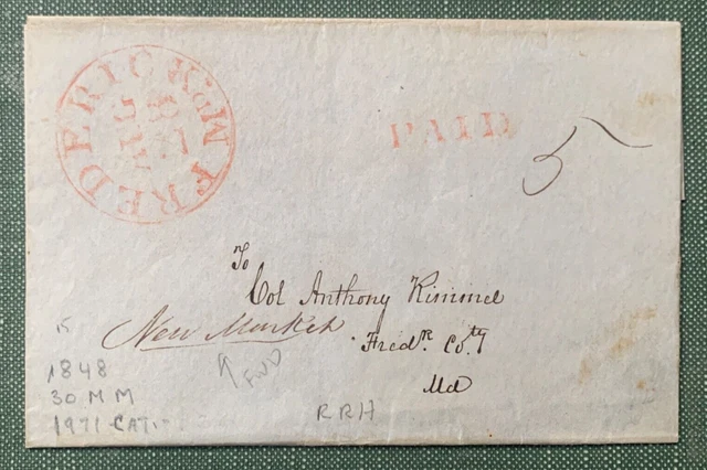 1848 Frederick Md Stampless Letter Rigney Col Rimmel Military Politician Masonic