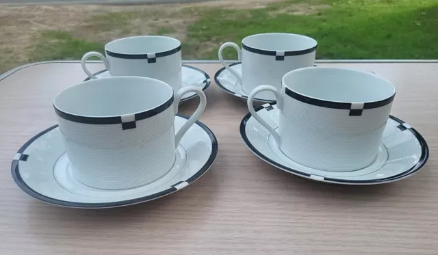 Set of 4 Vintage Mikasa Midnight  Black White Tea Coffee Cups And Saucers