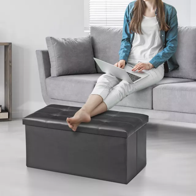 30 Inches Folding Storage Ottoman Bench Rectangle Footstool Footrest Black