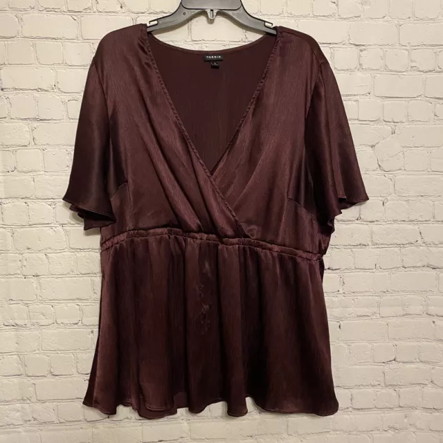 Torrid Womens Shirt sz 3 Purple Lily Babydoll Shiny Gauze Surplice Top