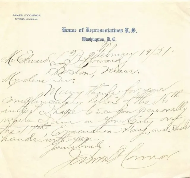 James O’Conner Louisiana Congress Antique Autograph Signed Political Letter 1921
