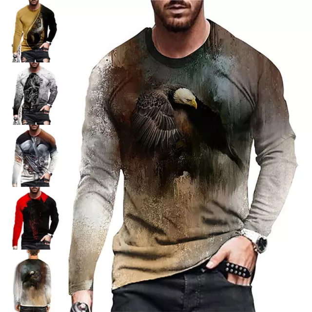 Mens Long Sleeve Animals 3D Print T Shirt Slim Fit Crew Neck Tops Pullover Tunic