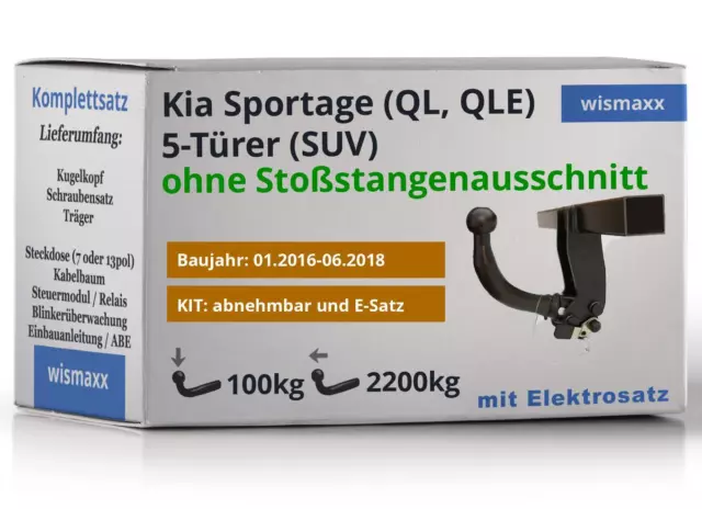 ANHÄNGERKUPPLUNG abnehmbar für Kia Sportage 16-18 +13pol E-Satz Westfalia