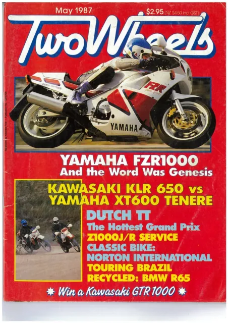 TWO WHEELS motorcycle magazine May 1987 Yamaha XT600 FZR1000 Kawasaki KLR650