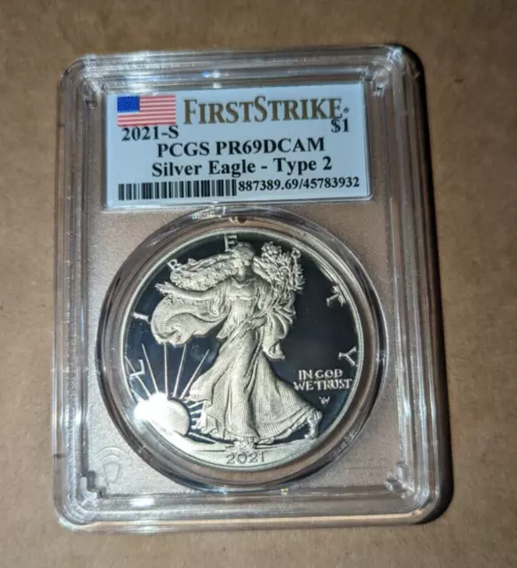 2021-S $1 American Silver Eagle PCGS PR 69 First Strike Type II 2 Proof Coin