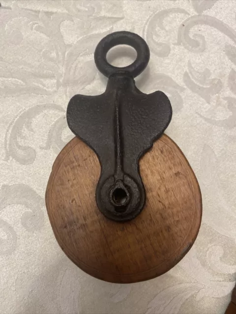Antique Vtg Cast Iron And Wood Ornate Barn Pulley Rustic Primitive Farm Wooden