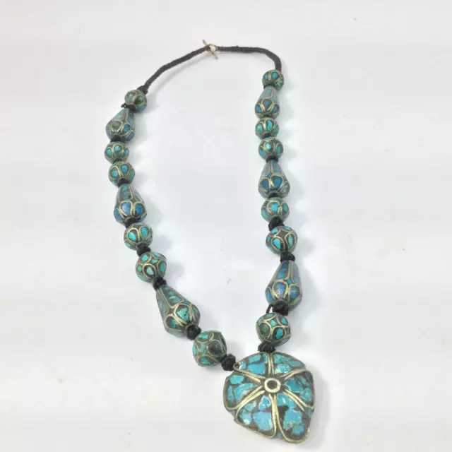 Vintage Handmade Beaded Necklace Blue Stone Inlay Silver Metal