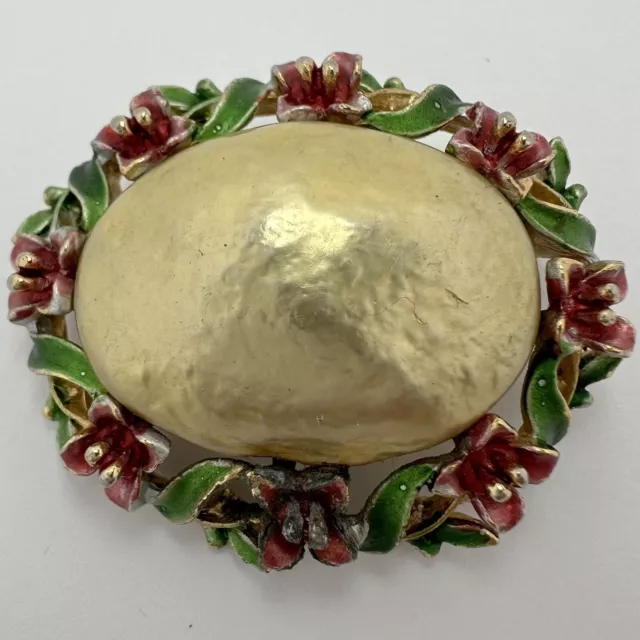 Vintage Signed Art Arthur Pepper Gold Tone Enamel Faux Peral Flower Brooch