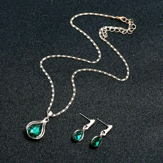 Rose Gold Necklace Earrings And Pendant Set Green Or Blue Crystal Rhinestone UK
