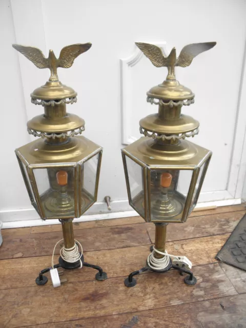 Coach Carriage Lanterns Brass Pair Antique Late Victorian Large Eagle Table Lamp